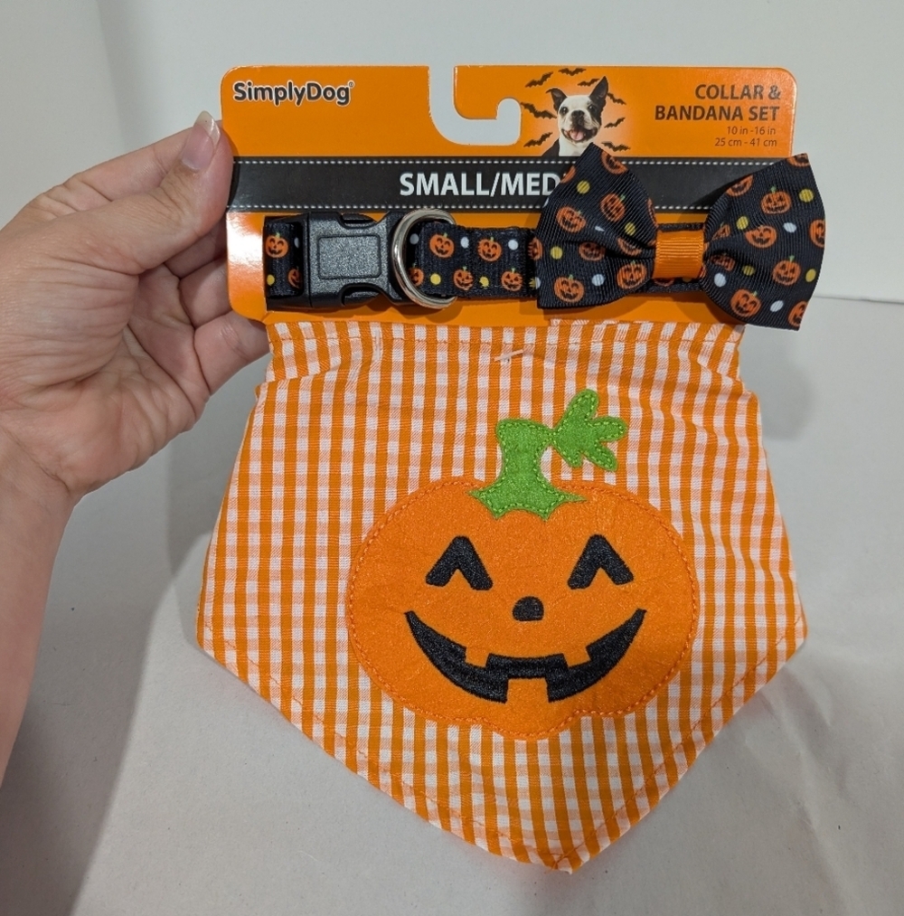 NWT Simply Dog Halloween Collar & Bandana Set - Orange and Black